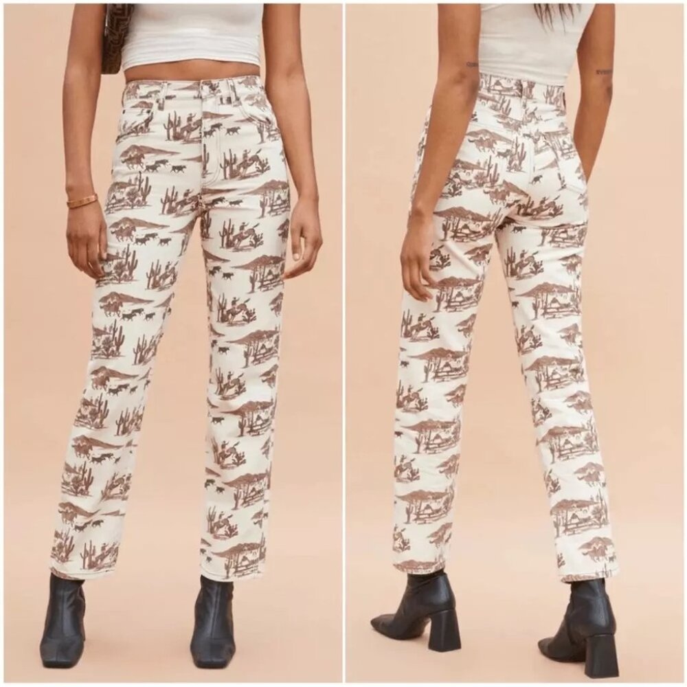 Reformation Cream and Brown Straight Leg Jeans